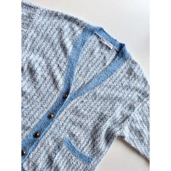 ZARA Blue White Cotton Blend Fuzzy Knit Oversized Cardigan Sweater, Size XS-S - Picture 6 of 15